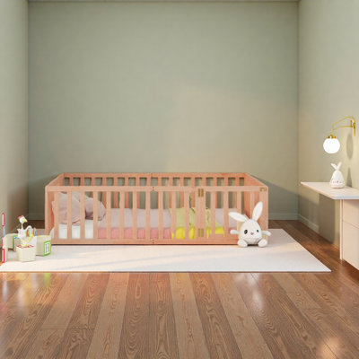 Queen Size Wood Floor Bed Frame With Fence And Door