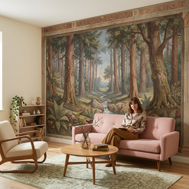 Forêt, paysage mural, ruisseau et cascade, grands arbres, décoration murale amovible, 160 po x 108 po, Non tissé