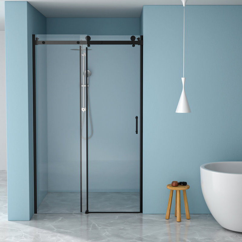 Porte de douche simple, verre trempé de 8 mm, cadre noir mat en acier inoxydable 304, installation facile, porte en verre pour rénovation avec fonctionnement antirouille et silencieux