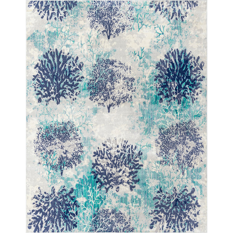Tapis bleu turquoise à motif animalier Orason, Rectangle 7 pi 10 po x 10 pi