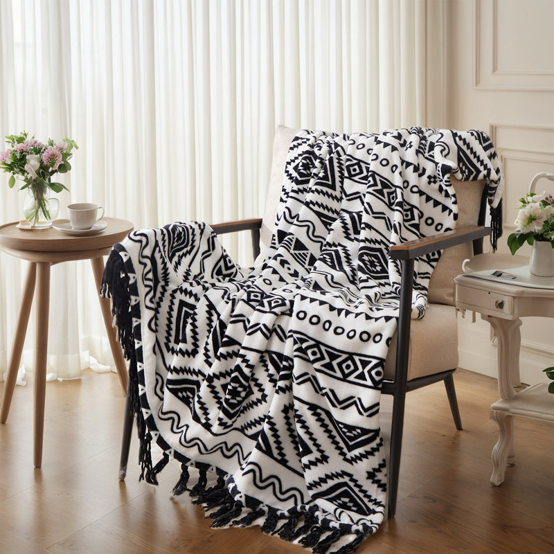 Jeté Boho - couvertures décoratives blanches avec pampille, couverture bohémienne en flanelle imprimée pour chaise, lit, canapé, canapé