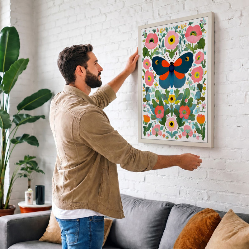 Ornamental Butterfly And Blooms Boho - Print, 30x20 - 76.2 x 50.8 cm, White Border