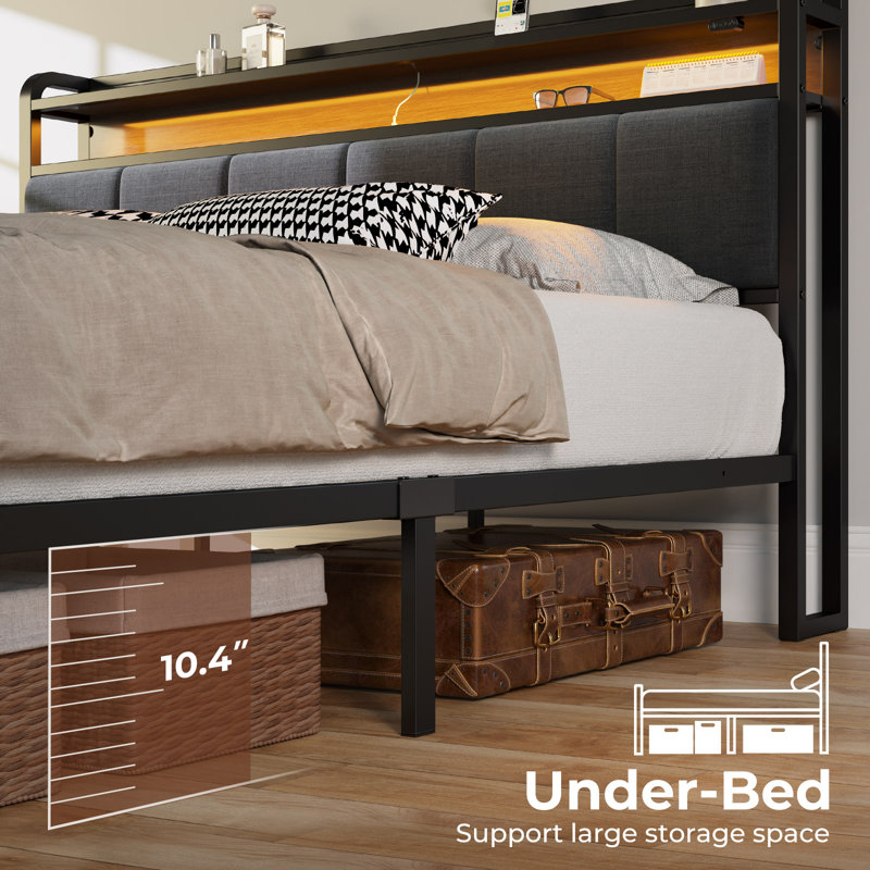 Etsuyo Upholstered Storage Bed with  Headboard, LED Lights and Charging Station, Twin/Single, Gray