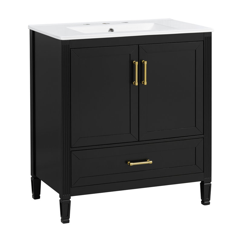 Meuble-lavabo cannelé élégant 30 po avec lavabo en céramique, Noir