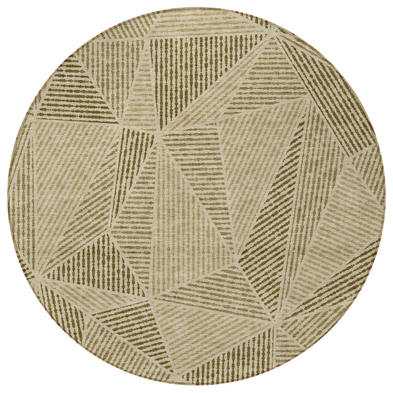 Tapis extérieur rond lavable géométrique brun et beige 8 pi