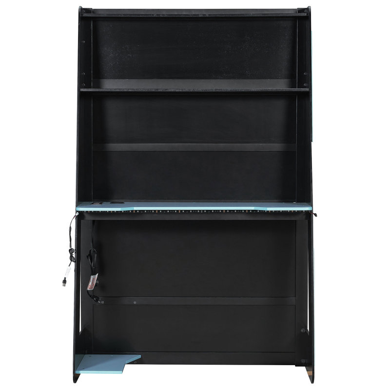 Lit mezzanine en bois avec bureau, tablettes multiples et lumière RVB, Bleu
