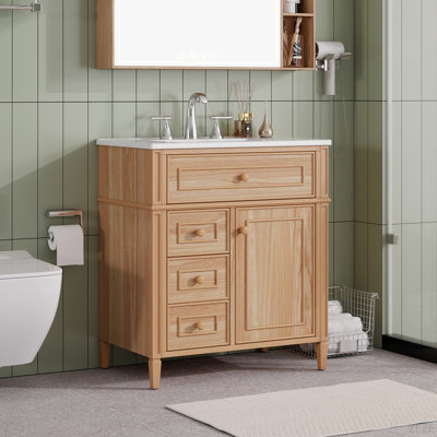 Meuble-lavabo de 30 po avec lavabo, meuble-lavabo en bois avec tiroir rabattable, 2 tiroirs à fermeture en douceur, 1 porte à fermeture en douceur, bois massif et panneau de fibres à densité moyenne, poignées en bois élégantes