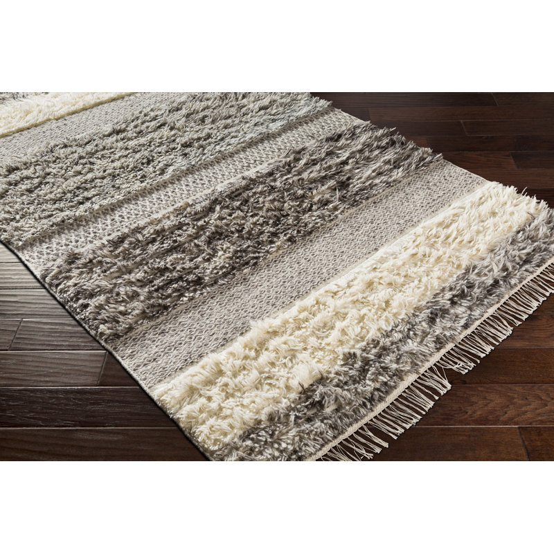 Gray and Cream Handwoven Wool Striped 9' x 12' Rug