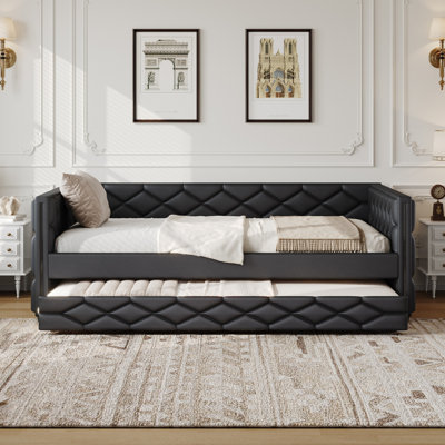 Upholstered Daybed with Trundle and LED