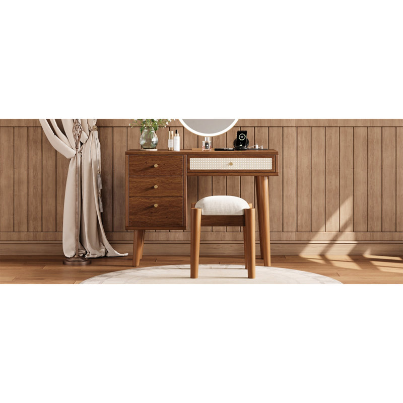 Coiffeuse rétro en bois bohémien avec rangement à 4 tiroirs, prise de charge et tabouret confortable, noyer, Noyer