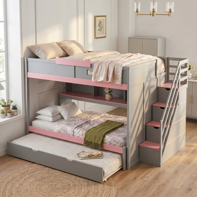 Full Over Full Bunk Bed with Twin Size Trundle and Storage Stairs, Solid Wood Bed Frame with Built-in LED Light Strip, Integrated Bookshelf and Desk, Heavy Duty Bunk Bed for Kids, Teens, and Adults