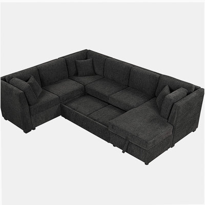108.6-inch U-shaped sofa bed with two USB ports, two power outlets, three back pillows, and a storage recliner, suitable for the living room, black