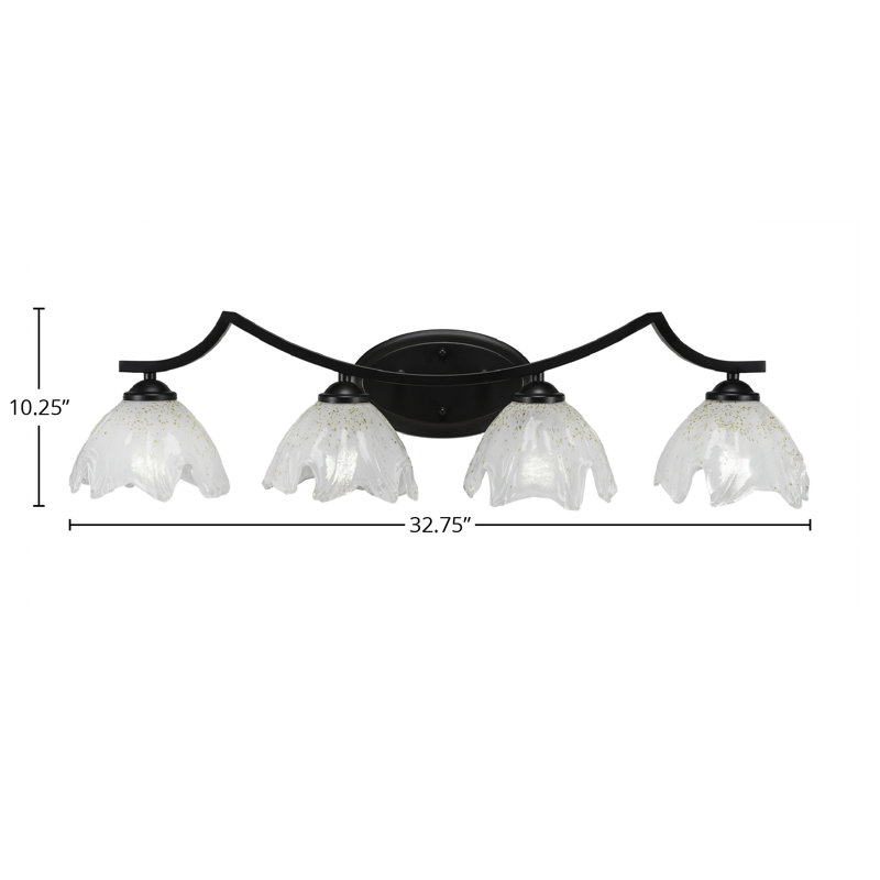 Barre d'éclairage de salle de bain 4 lumières Zilo au fini noir mat avec verre de glace doré 7 po, Or