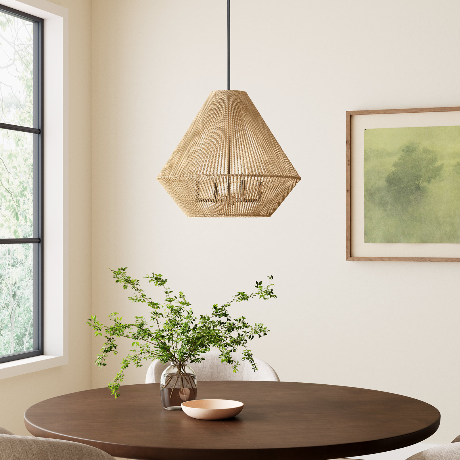 Simon 4 Light Cotton Steel Dimmable Pendant, Natural Raphia Rope