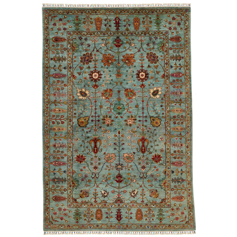 7x10 Light Blue and Multicolor Turkish Tribal Rug