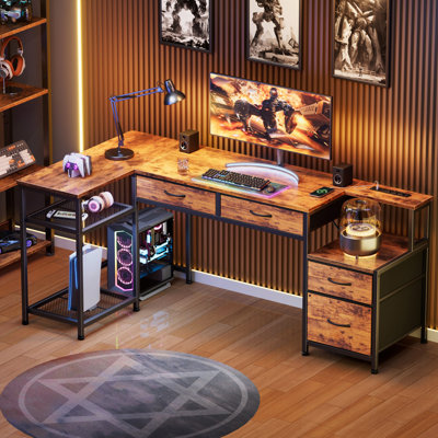 Bureau réversible en forme de L avec station de charge, 4 tiroirs en tissu et tablettes réglables, bureau d'ordinateur pour bureau personnel