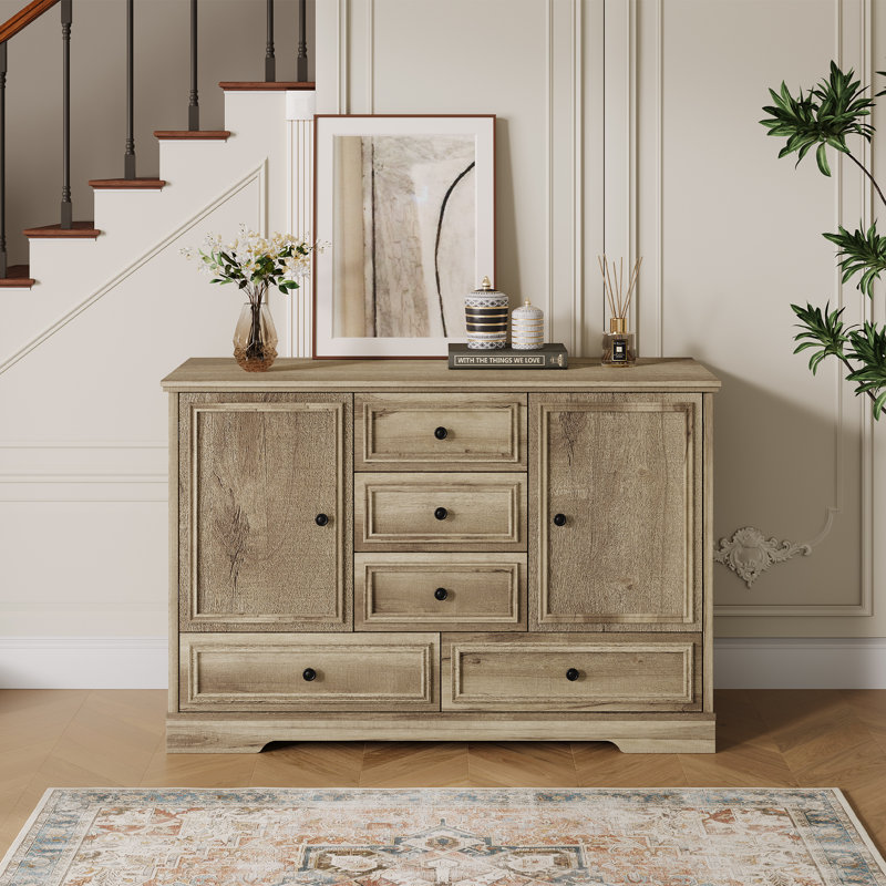 Farmhouse 47" Sideboard Buffet Cabinet with 5 Drawers & 2 Doors, Wood Coffee Bar with Adjustable Shelves for Dining Room, Living Room