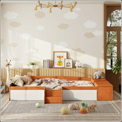 Twin Velvet Daybed with Stairs, Gas Lift Storage Ottoman, and Padded Guardrails