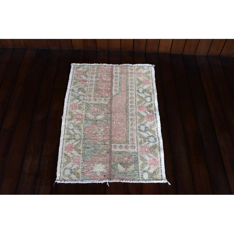 Handmade Turkish Small Rug With Vintage Oushak Design and Floral Pattern For Entryway and Boho Decor