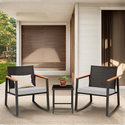 Modern 3-Piece Outdoor Rocking Chair Bistro Set with Cushions, Wood Accents, and Metal Frame - Ideal for Patio, Porch, or Balcony