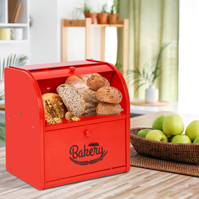 Boîte à pain, boîte à pain en métal pour comptoir de cuisine, boîtes à pain à 2 couches, rangement pour pain en acier inoxydable, corbeille à pain de cuisine, support hermétique. (Rouge)