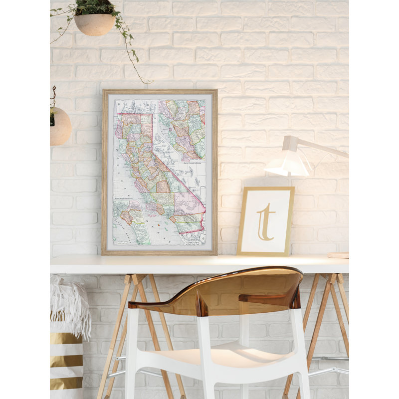 Carte des comtés de Californie - reproduction de cadre photo sur papier, H 24 po x l 16 po x P 1,5 po