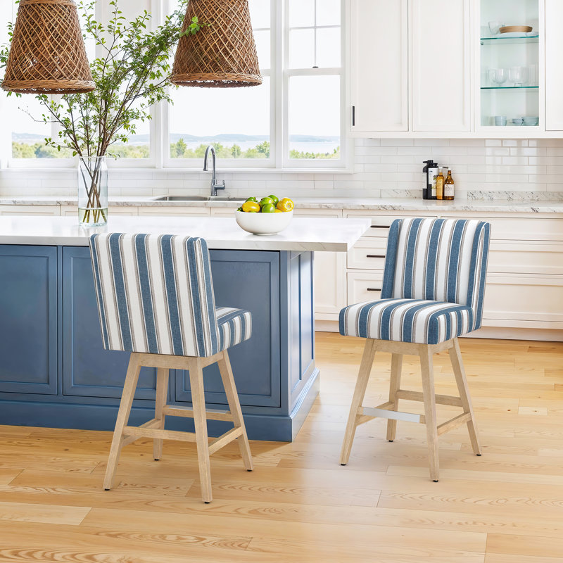 Tabouret de comptoir pivotant rembourré Kamiyla, Siège en polyester bleu / blanc / structure en bo