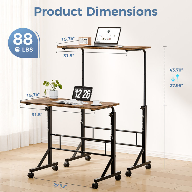 Adjustable Height Desk on Wheels, Ergonomic Mobile Standing Desk, Portable Laptop Desk Standing Table Home Office Desks