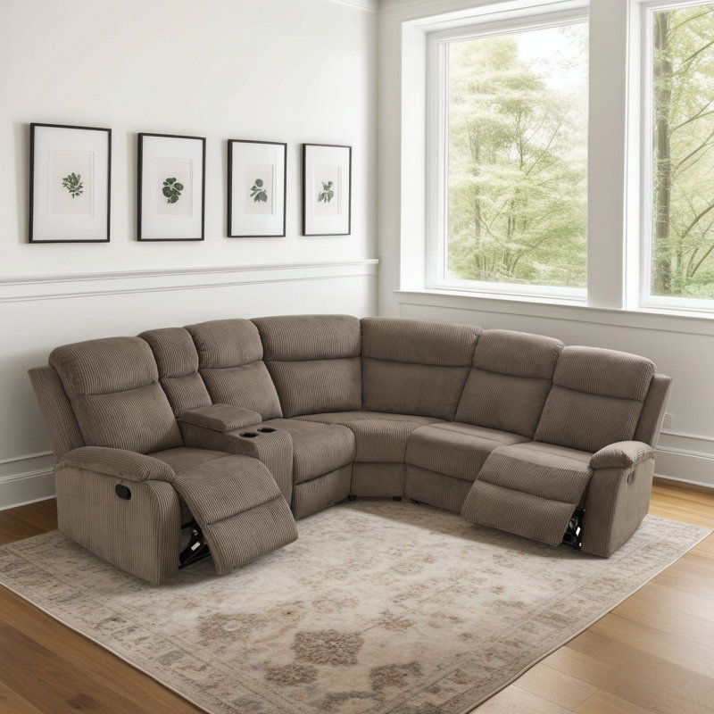 Stripe Corduroy 3-Piece Manual Recliner Sofa Set – Split-Back Design, Dual Cup Holders & Storage, Brown
