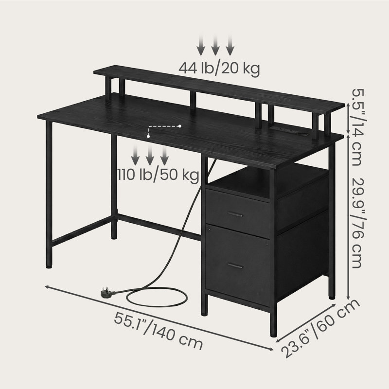 Daimar Metal Base Computer Desk with Power Outlet, 90cm H x 135cm W x 55cm D, Ebony Black