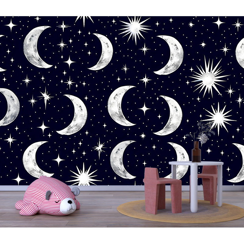 Papier peint croissant de lune - ciel étoilé pour décoration de chambre à coucher ou de chambre de bébé, L 100 po x l 70 po