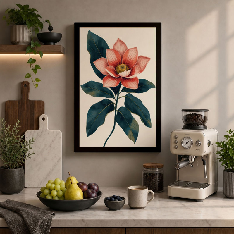 Coral Bloom Study Botanical 1 Piece Wrapped Canvas Wall Art, 36x24 - 91.4 x 61.0 cm, Cream Border