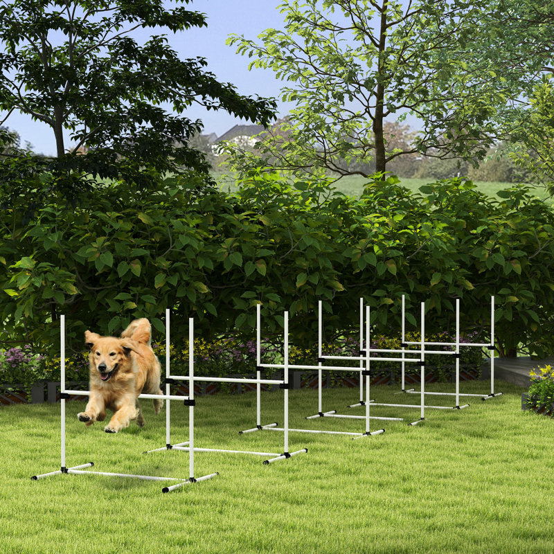 Ensemble 6 pièces d'agilité pour chien avec barres à sauter à hauteur réglable, sac de transport inclus, pour différentes tailles, blanc, trousse de formation de 25,5 po de largeur du produit: hauteur, barre supérieure déplaçable et programmes de transport, plastique