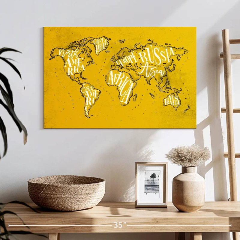 Carte du monde typographique jaune Aliaz, H 16 po x l 24 po