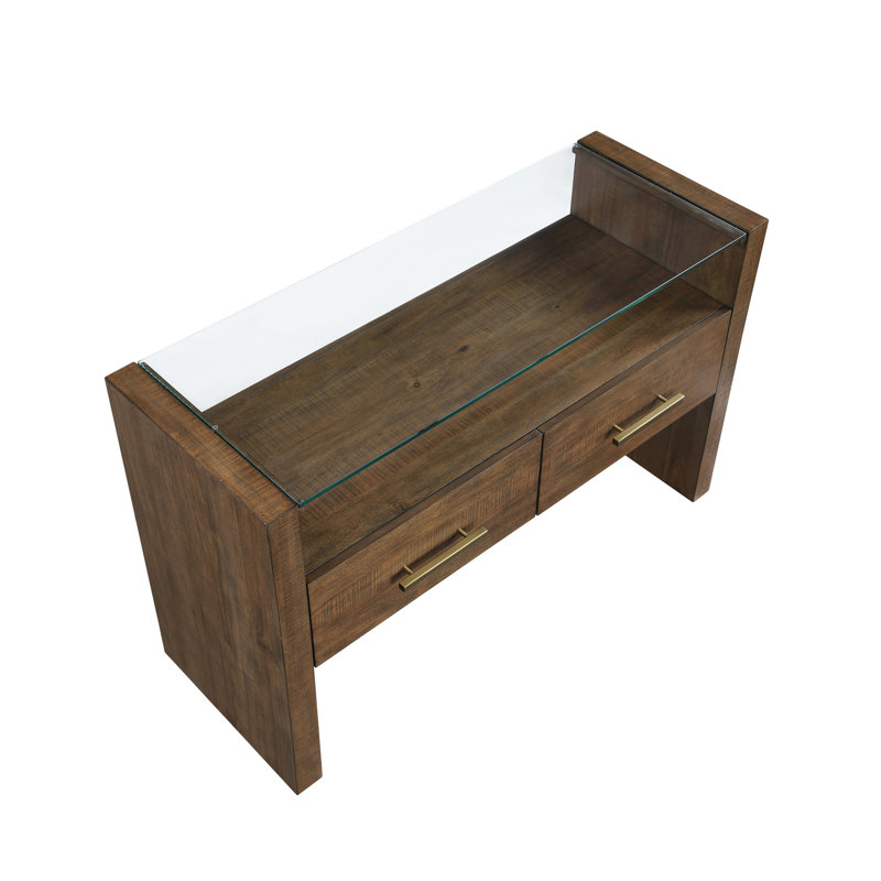 Table de canapé avec dessus en verre 48 po Jaquelyn, Brun