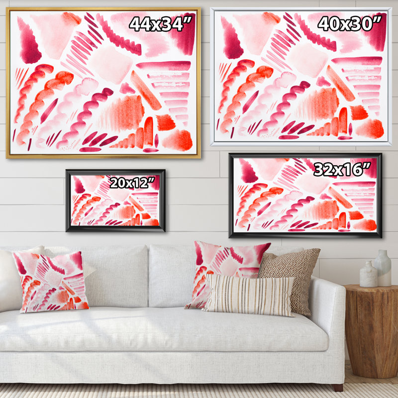 Éléments graphiques rétro en orange et rouge I - peinture sur toile, H 30 po x l 40 po, Cadre flottant en érable
