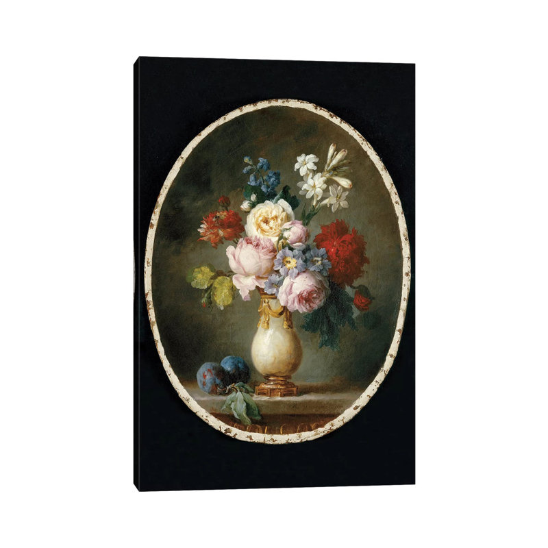 A Vase Of Flowers And Two Plums On A Marble Tabletop, 1781 by Anne Vallayer-Coster - Wrapped Canvas Print