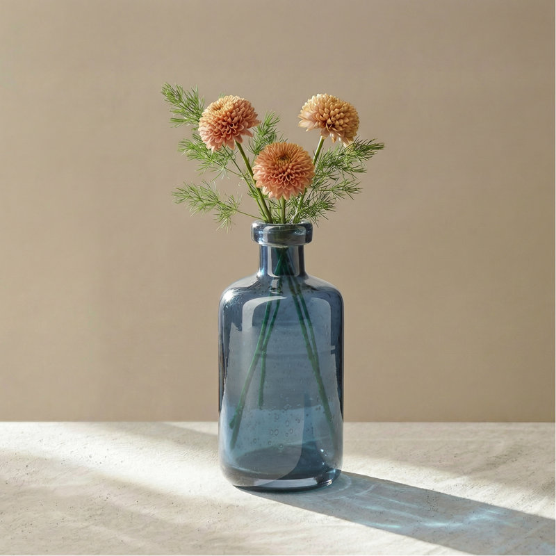 6" Blue Clear Glass Bottle Vase, 6 inch, Blue
