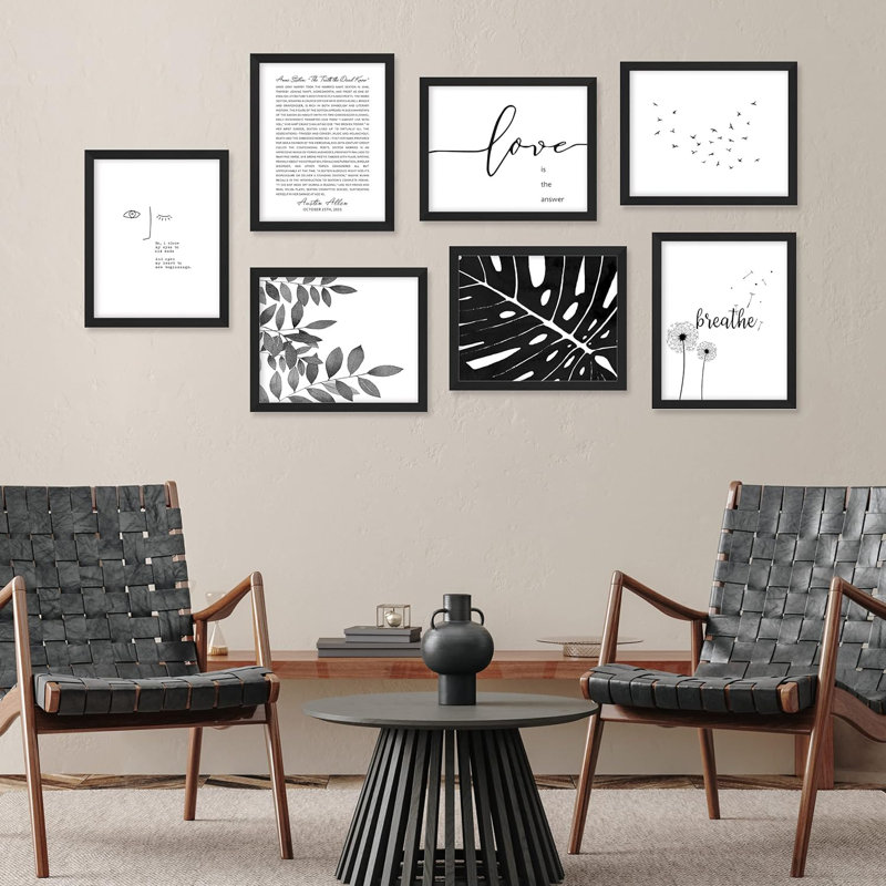 Motif géométrique abstrait bicolore noir et blanc, Cadre simple noir, H 11 po x l 14 po