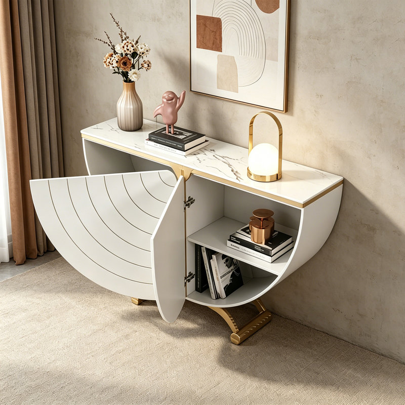 Console moderne en pierre frittée demi-ronde, 33.46" H x 47.24" W x 13.78" D, Blanc