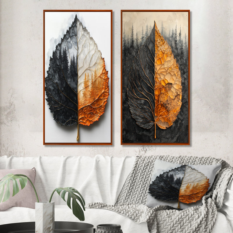 «Modern Modern Leaves Dark Symetry Of Autumn I», collection d'art mural floral à 2 panneaux, H 32 po x l 33 po