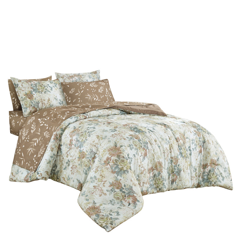 Ensemble d'édredon Floral Bed In A Bag, Grand édredon et 6 pièces supplémentaires, Taupe/sauge