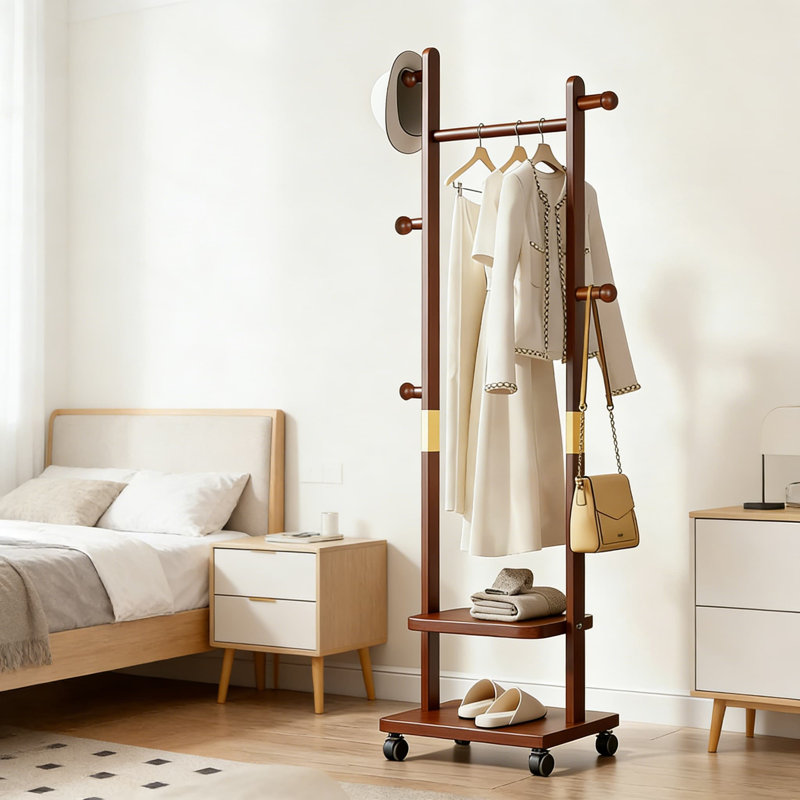 Solid Wood Freestanding Coat Rack With 2 Storage Shelves, 5 Hooks & Hidden Wheels - Heavy Duty Rolling Clothing Stand For Entryway, Bedroom Or Corner