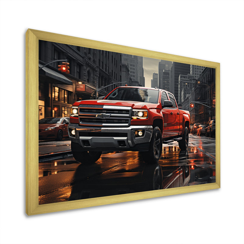 Red Pickup Truck Cityscape Hauler II - Transportation Canvas Art Print, H 16 po x l 32 po x P 1 po, Cadre doré simple