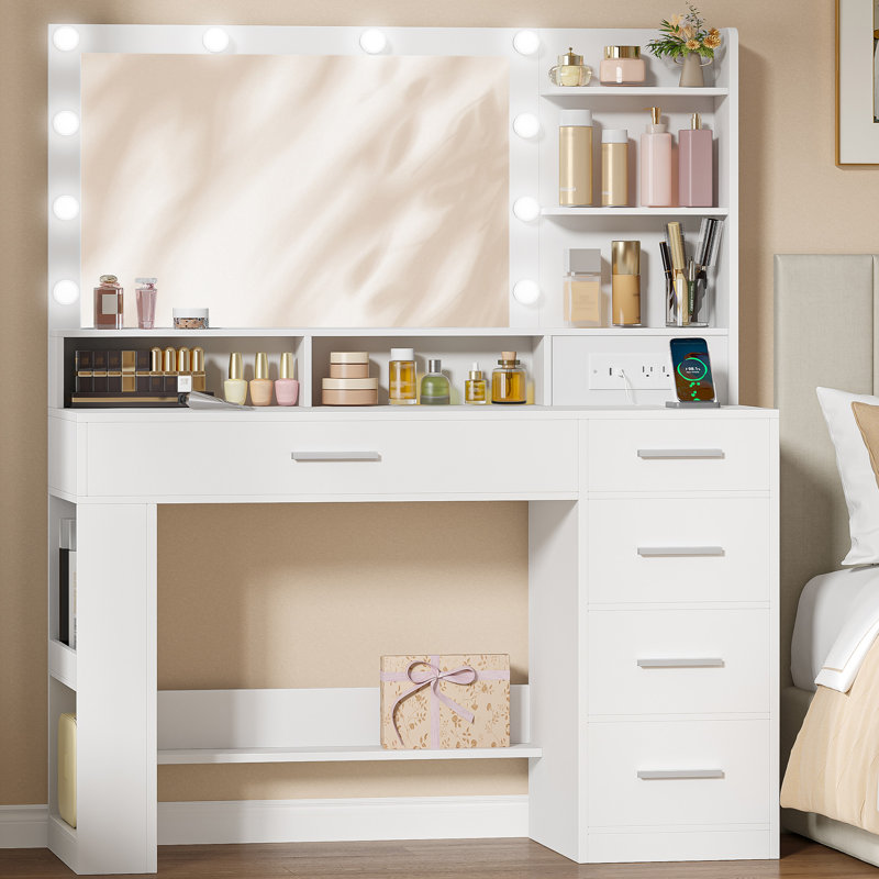 Bureau de coiffeuse avec grand miroir HD, coiffeuse de maquillage avec lumières à DEL, coiffeuse avec barre d'alimentation, 6 tablettes de rangement, 5 tiroirs et rangement latéral ouvert, simple, blanc