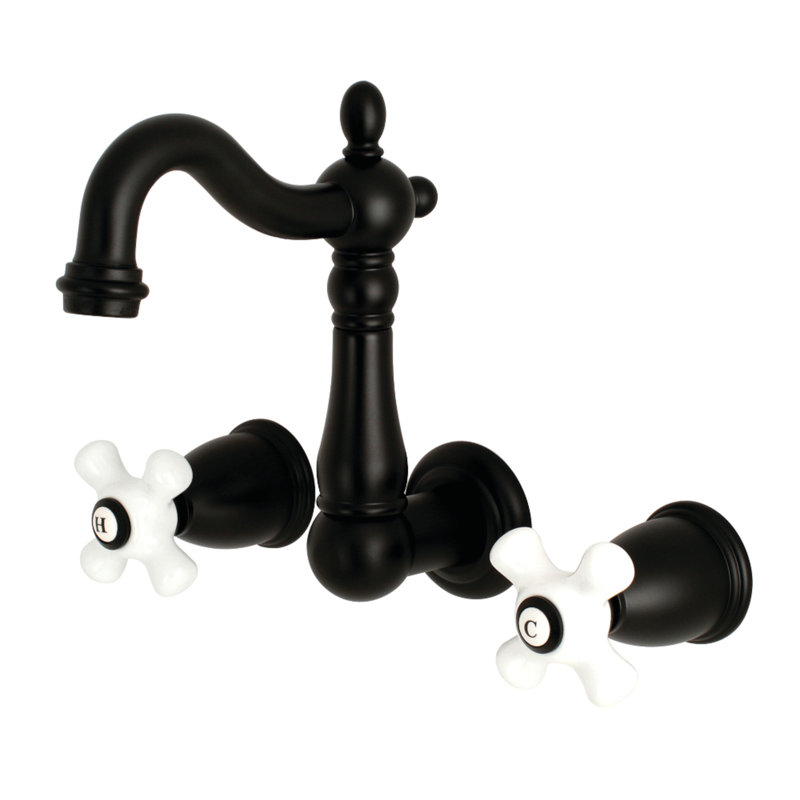 Kingston Brass Heritage Two-Handle 3-Hole Wall Mount Bathroom Faucet, Matte Black