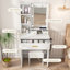 Coiffeuse avec miroir et lumières DEL réglables, prise de courant, support pour sèche-cheveux et tabouret - coiffeuse compacte-727214292