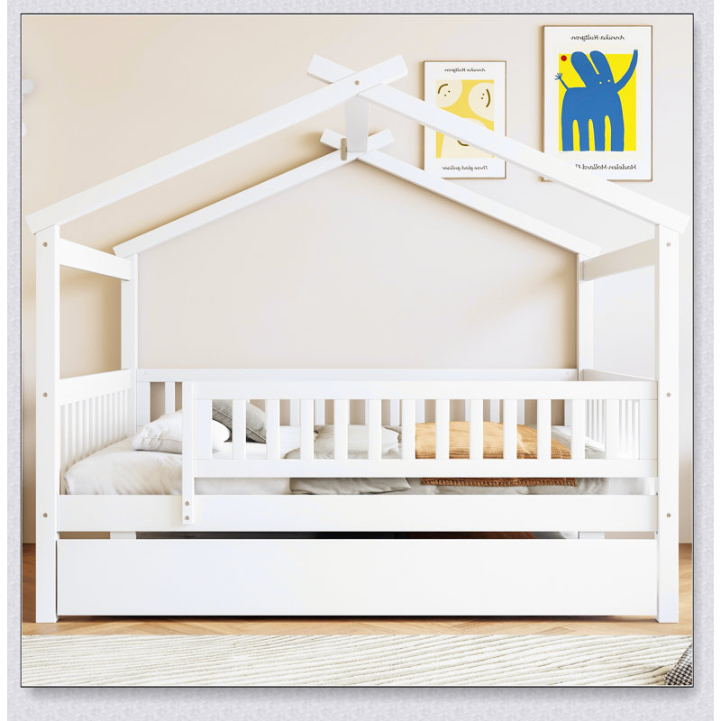 Wooden House Bed With Trundle, White