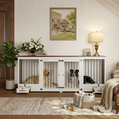Large Dog Crate With 2 Food Bowls And Divider