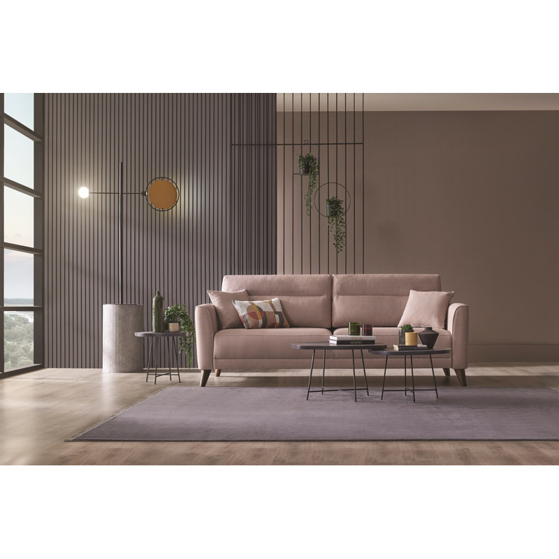 Canapé-lit à 3 places avec rangement Enza Home Alto, canapé-lit convertible moderne avec mécanisme d'ouverture facile, tissu rembourré, structure en bois massif couleur sable
